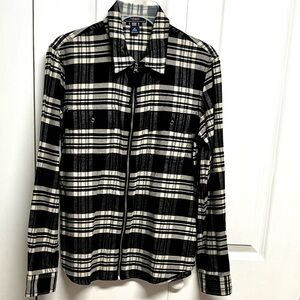 Chaps Black and White Plaid Zip-Up Flannel Shirt Long Sleeve Pockets Size M